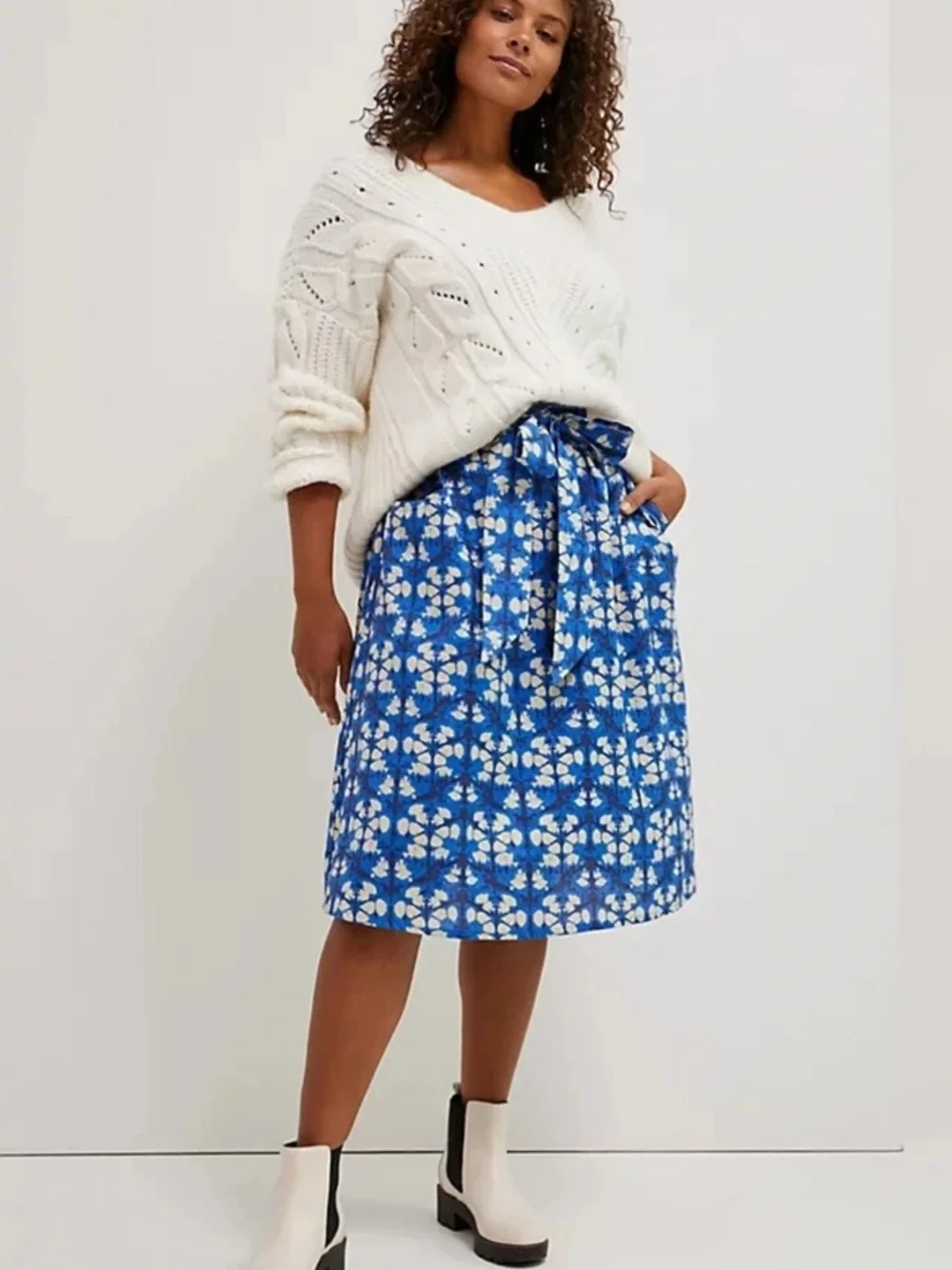 Anthropologie Paper Bag Midi Skirt Porridge Lanai Blue Belted Geo Size 1X NEW